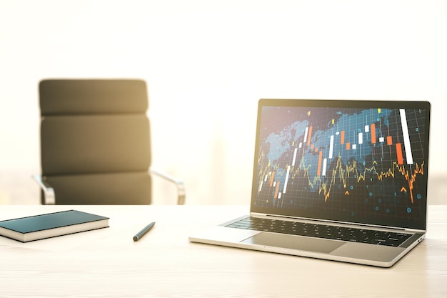 Gráfico financiero creativo abstracto con mapa mundial en la pantalla del portátil moderno concepto de inversión y forex Representación 3D