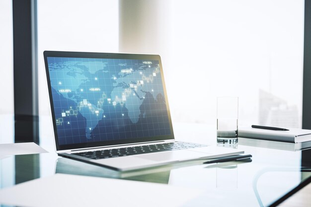 Gráfico financiero creativo abstracto con mapa mundial en la pantalla del portátil moderno concepto de inversión y forex Representación 3D