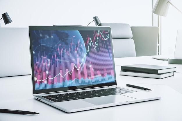 Gráfico financiero creativo abstracto con mapa mundial en la pantalla de un portátil moderno forex y concepto de inversión Representación 3D