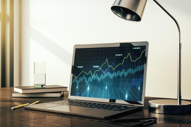 Gráfico financiero creativo abstracto en el moderno monitor de computadora portátil forex y representación del concepto de inversión d