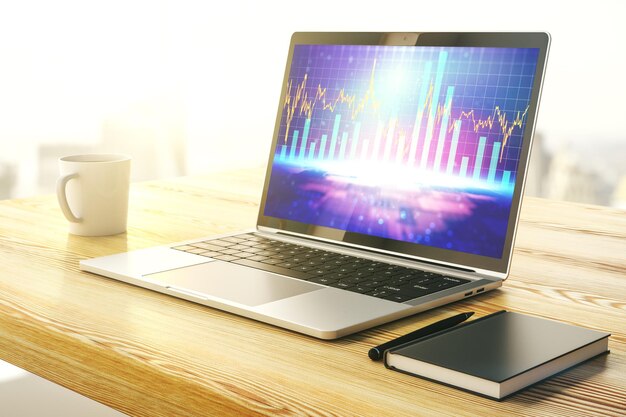 Gráfico financiero creativo abstracto en el moderno monitor portátil forex y concepto de inversión Representación 3D