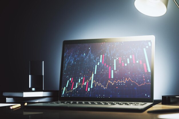 Gráfico financiero creativo abstracto en el moderno monitor portátil forex y concepto de inversión Representación 3D
