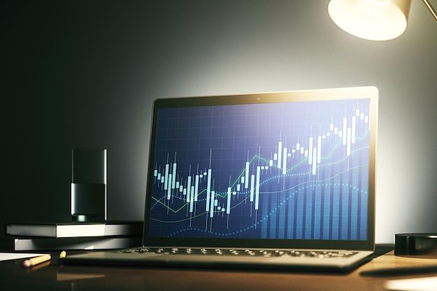 Gráfico financiero creativo abstracto en el moderno monitor portátil forex y concepto de inversión Representación 3D