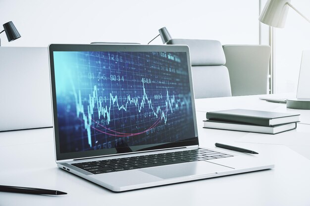 Gráfico financiero creativo abstracto en la pantalla de una computadora portátil moderna concepto de divisas e inversión Renderización 3D