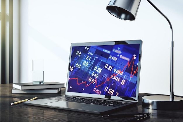 Gráfico financiero creativo abstracto en la pantalla de una computadora portátil moderna concepto de divisas e inversión Renderización 3D