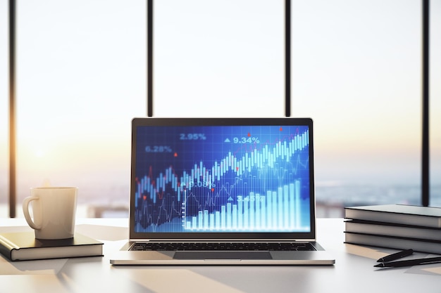 Gráfico financiero creativo abstracto en la pantalla del portátil moderno concepto de inversión y forex Representación 3D