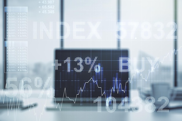 Gráfico financiero creativo abstracto sobre el concepto de inversión y forex de fondo de la computadora portátil moderna Exposición múltiple