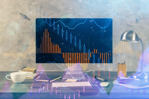 Gráfico financiero dibujo colorido y tabla con computadora en el fondo Doble exposición Concepto de mercados internacionales