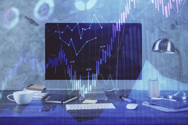 Gráfico financiero dibujo colorido y tabla con computadora en el fondo Doble exposición Concepto de mercados internacionales