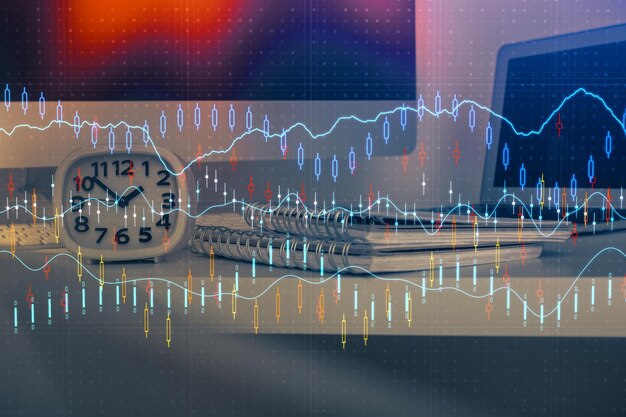 Gráfico financiero dibujo colorido y tabla con computadora en el fondo Doble exposición Concepto de mercados internacionales