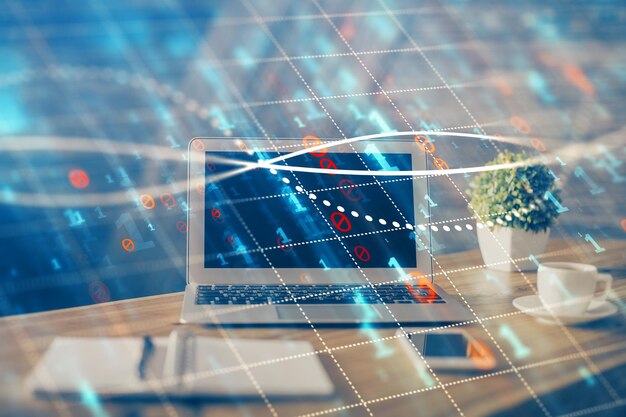 Gráfico financiero dibujo colorido y tabla con computadora en el fondo Exposición múltiple Concepto de mercados internacionales