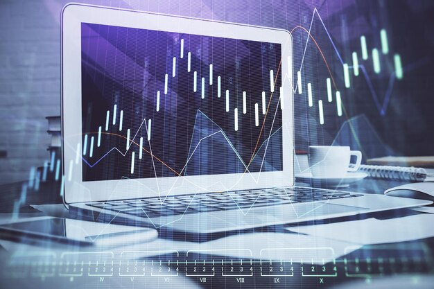 Gráfico financiero dibujo colorido y tabla con computadora en el fondo Exposición múltiple Concepto de mercados internacionales