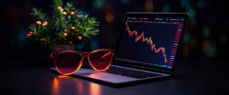 Gráfico financiero del mercado alcista y bajista en la computadora portátil