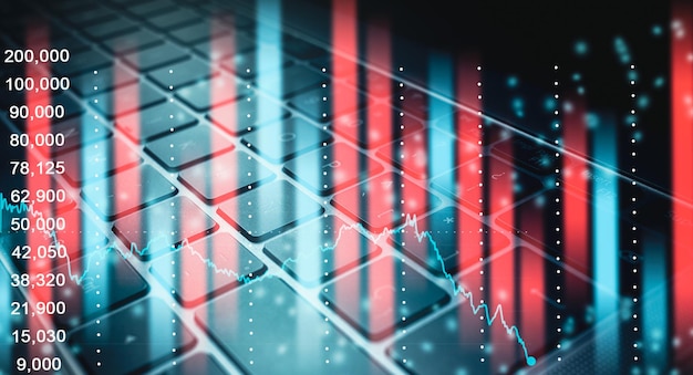 Gráfico financiero del mercado de valores con foto de portátil como fondo. Concepto financiero y de negocios.