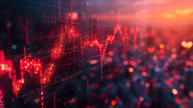 Gráfico financiero rojo en pantalla digital que representa las tendencias del mercado de valores y los datos económicos