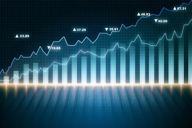 Gráfico financiero sobre fondo oscuro con reflejos comercio concepto 3D Rendering