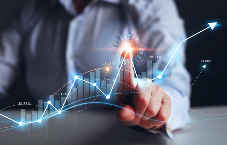 Foto gráfico de flecha apuntando con el dedo de la empresaria desarrollo empresarial para obtener ganancias de éxito y plan de crecimiento creciente