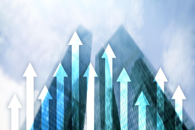 Gráfico de flecha hacia arriba sobre fondo de rascacielos Concepto de inversión y crecimiento financiero