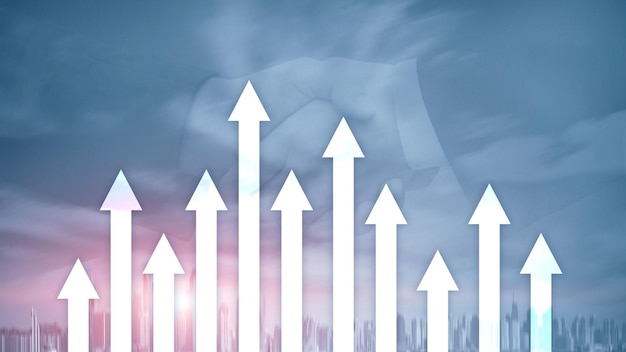 Gráfico de flecha hacia arriba sobre fondo de rascacielos Concepto de inversión y crecimiento financiero