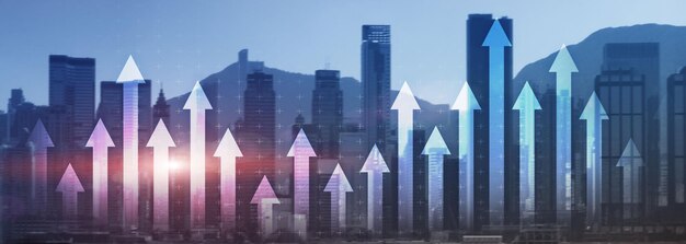 Gráfico de flecha de crecimiento financiero vista de la ciudad banner de encabezado panorámico del sitio web Concepto económico de comercio de acciones de inversión