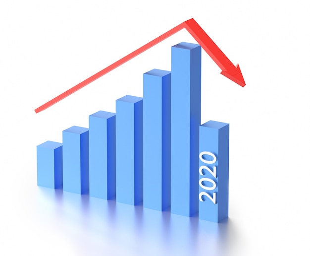 Gráfico y flecha en quiebra con recesión en el año 2020