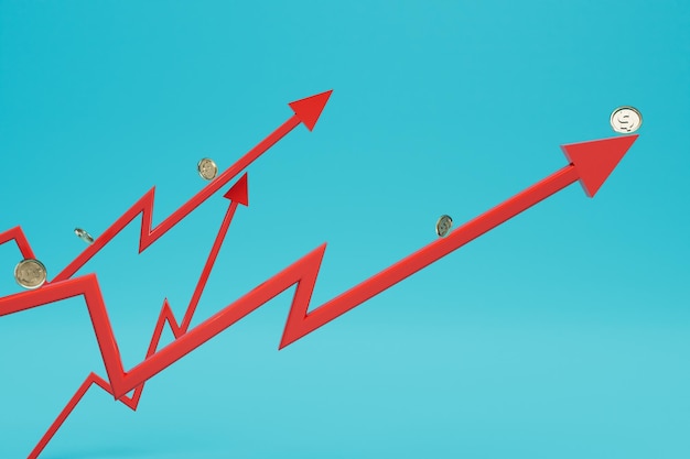 Gráfico de flechas gráficas de crecimiento de ingresos en las que se encuentran monedas de dólar sobre un fondo azul 3d render