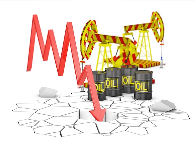 El gráfico de flechas rompe el piso junto a barriles de petróleo y bombas. Representación 3D.