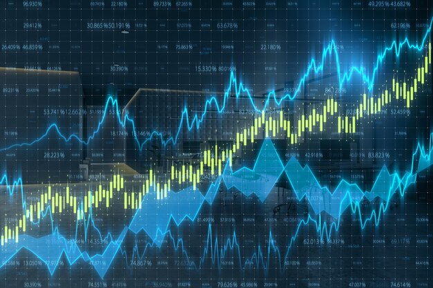 Gráfico de forex brillante abstracto sobre fondo interior de oficina borrosa Concepto de mercado de valores de comercio y finanzas Doble exposición