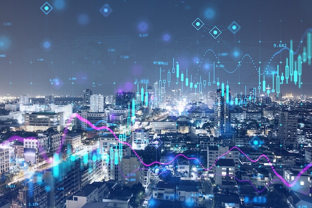 Gráfico de forex de candelabro brillante abstracto sobre fondo de ciudad nocturna iluminada Concepto de comercio y acciones