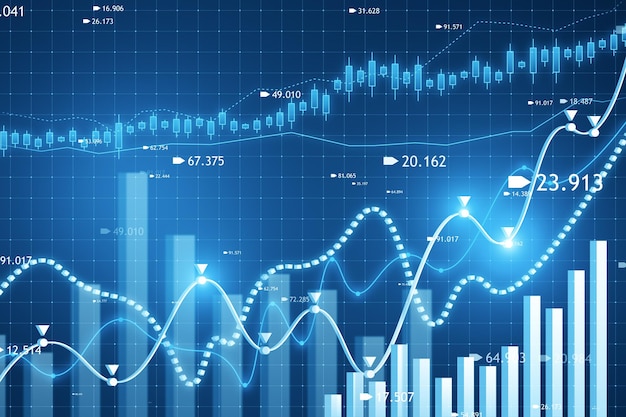 Gráfico forex de candelabro criativo ou gráfico sobre fundo azul Mercado de comércio financeiro e conceito de estoque Renderização em 3D