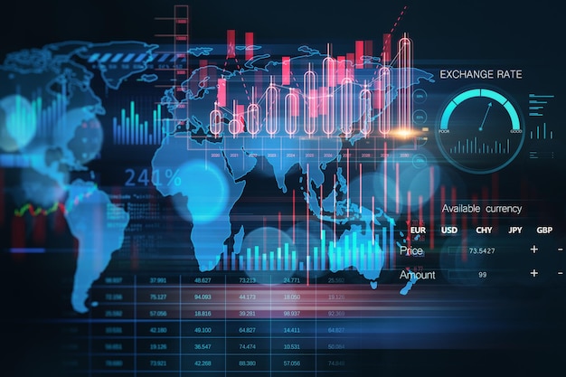 Gráfico forex global creativo sobre fondo oscuro Concepto de mercado de valores y éxito financiero Representación 3D