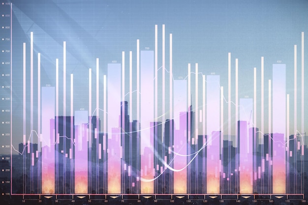Gráfico de Forex en el paisaje urbano con rascacielos fondo de pantalla doble exposición Concepto de investigación financiera