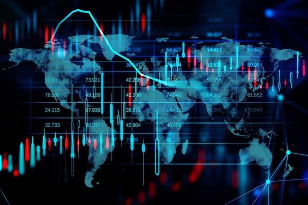 Gráfico de forex de velas brillantes y holograma de mapa sobre fondo oscuro Mercado de inversión bursátil y concepto de dinero Representación 3D