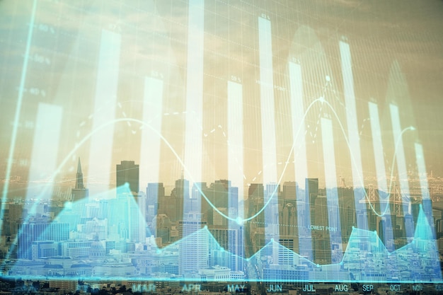 Gráfico de Forex en vista de la ciudad con rascacielos fondo concepto de análisis financiero de exposición múltiple