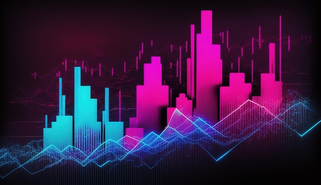 El gráfico generativo del mercado de valores de IA alinea el gráfico financiero sobre tecnología en colores de neón azul y rosa