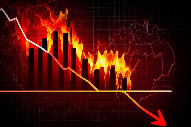 Gráfico gráfico do mercado financeiro descendo tendência Seta vermelha para baixo com explosão de incêndio de investimento em situação de crise gerada por IA