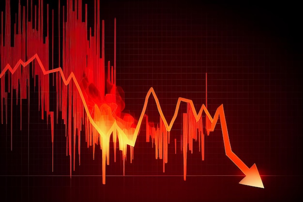 Gráfico gráfico do mercado financeiro descendo tendência Seta vermelha para baixo com explosão de incêndio de investimento em situação de crise gerada por IA