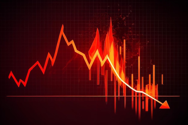 Gráfico gráfico do mercado financeiro descendo tendência Seta vermelha para baixo com explosão de incêndio de investimento em situação de crise gerada por IA