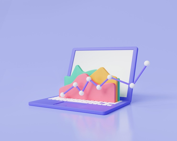 Foto gráfico gráfico de estadísticas de crecimiento en la computadora portátil diagramas finanzas comerciales desarrollo financiero análisis financiero mercado de valores comercio informes financieros gestión presupuestaria icono 3d renderizar ilustración