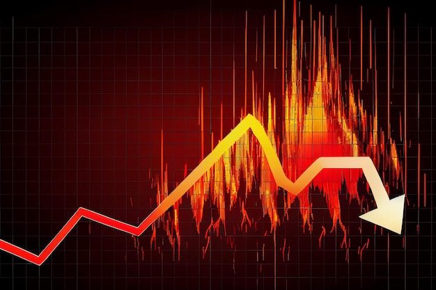 Foto gráfico de gráfico de mercado financiero tendencia descendente flecha roja hacia abajo con explosión de fuego de inversión en situación de crisis generada por ia