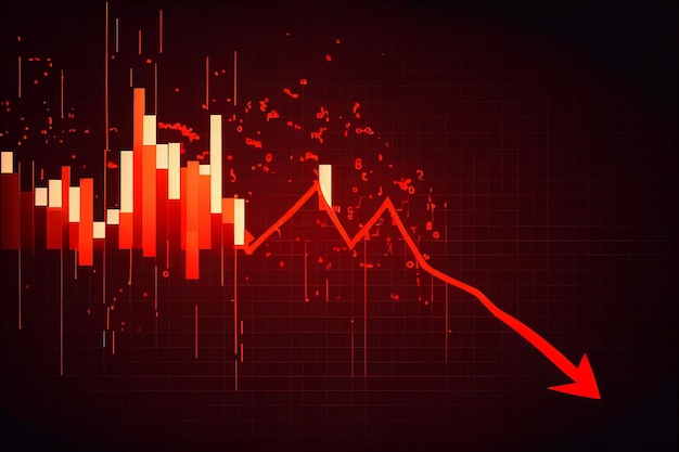 Gráfico de gráfico de mercado financiero tendencia descendente Flecha roja hacia abajo con explosión de fuego de inversión en situación de crisis generada por IA