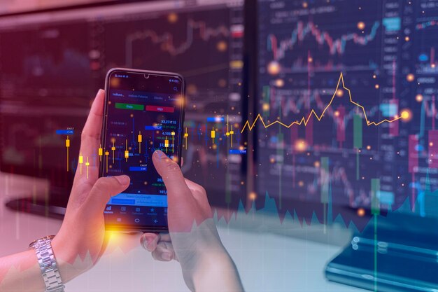 Gráfico gráfico de negociación de inversiones en el mercado de valores Gráfico financiero con gráfico de línea de tendencia ascendente Gestión de riqueza con concepto de diversificación de riesgos