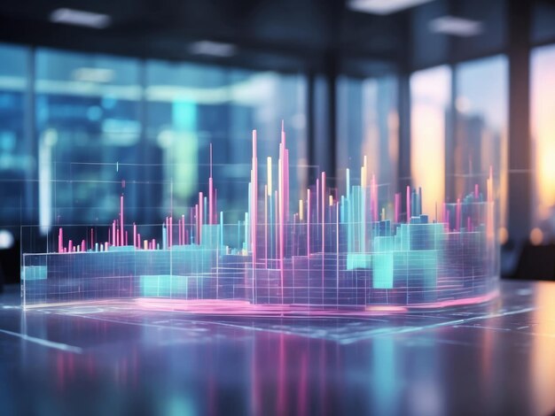 gráfico holográfico de barras y líneas ascendentes que indican un crecimiento o aumento en la oficina