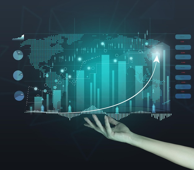 Gráfico holográfico con indicadores de crecimiento y la mano de una mujer Concepto de crecimiento empresarial inicio rentable estrategia empresarial rentable aumento de ventas Alto rendimiento