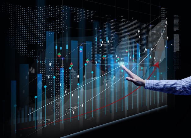 Gráfico holográfico virtual de crecimiento de inversiones de indicadores comerciales aumento de ganancias