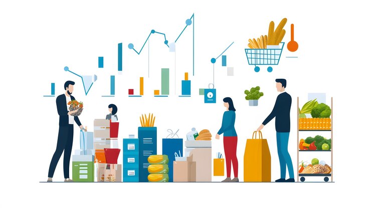 Gráfico ilustrado que muestra las ganancias del consumidor en el mercado con comestibles