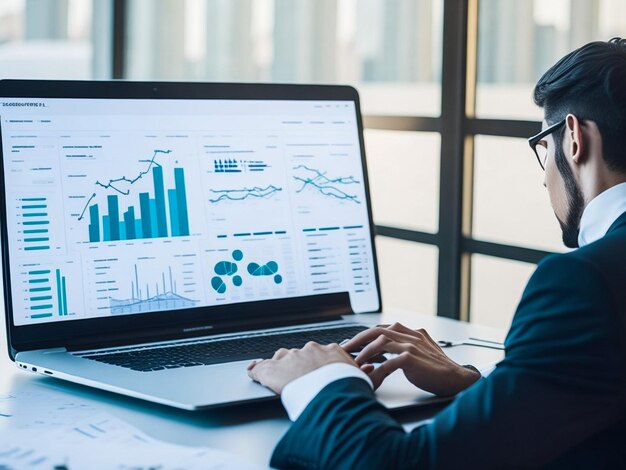 Gráfico de informe financiero Análisis de datos Tablero de datos en computadora portátil Gráfico de crecimiento de finanzas comerciales Marketin