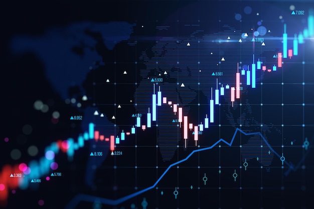 Gráfico y mapa de forex de velas brillantes creativos sobre fondo de cuadrícula borrosa Financiación del comercio y concepto de mercado en crecimiento Representación 3D