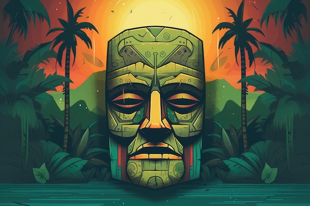 Un gráfico de una máscara tiki con palmeras al fondo.