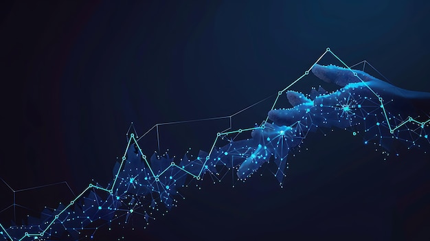 Gráfico de mercado azul poligonal tendencia ascendente línea geométrica de sostenimiento de la mano fondo oscuro diseño moderno de poli bajo realismo HD
